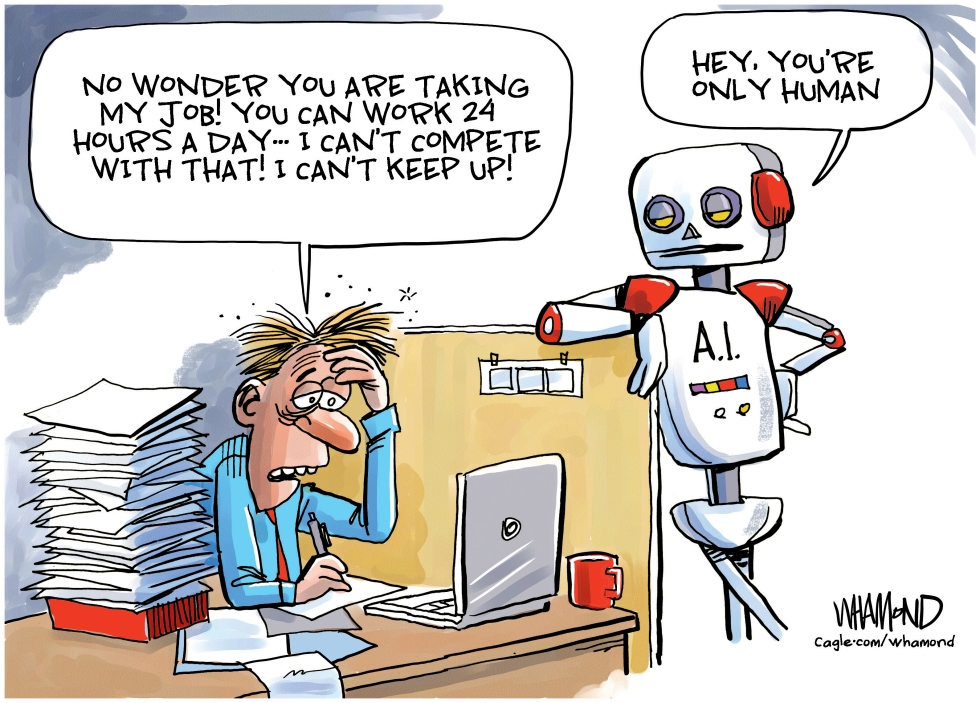 AI Robot Faces Stressed Worker in Office Desk Scene