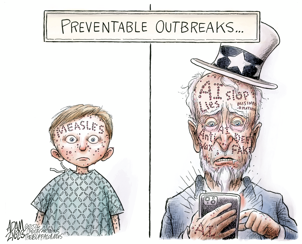 Preventable Outbreaks cartoon shows child and Uncle Sam figures
