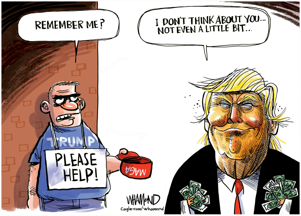 Cartoon Shows Figure With Help Sign Facing Another With Cash