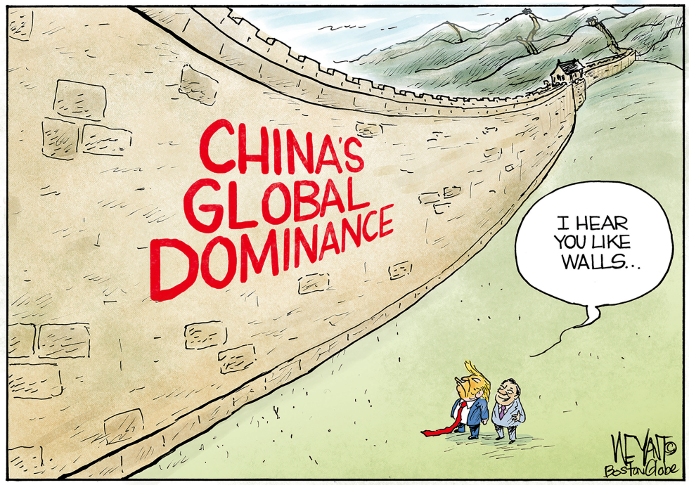 Cartoon depicts two figures before China's dominance wall