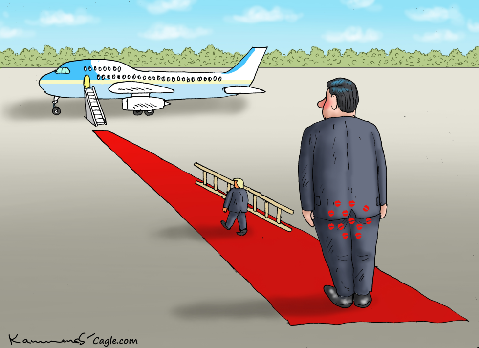 Airplane on tarmac with red carpet and two suited figures