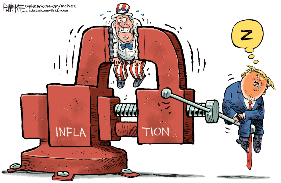 Cartoon Shows Uncle Sam Caught in Inflation Vise Turned by Sleeping Trump