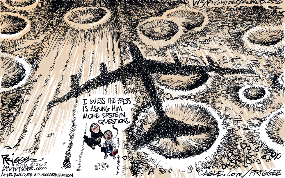 Cartoon Shows Press Probing Epstein Questions Amid Cratered Landscape