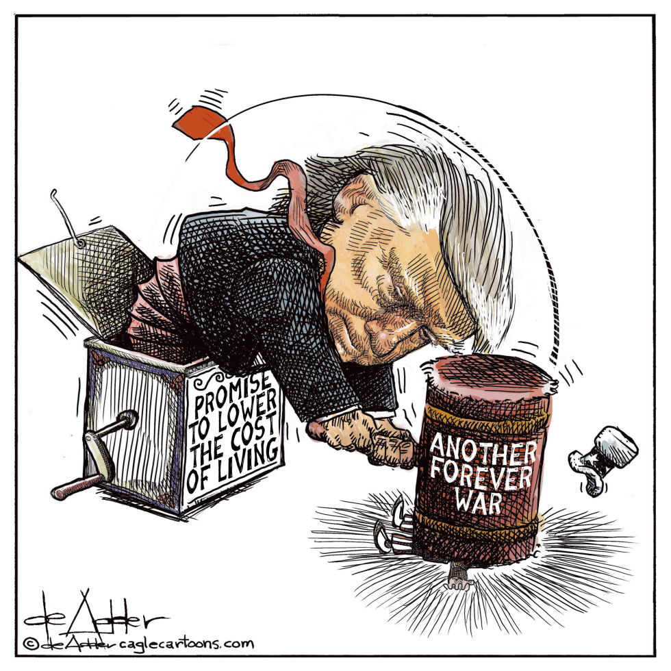 Trump Figure Springs from Cost Promise Box Beside War Barrel