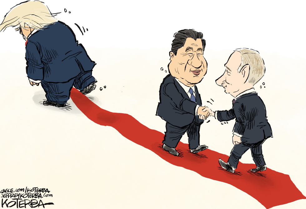 Cartoon shows three suited figures and a red carpet handshake