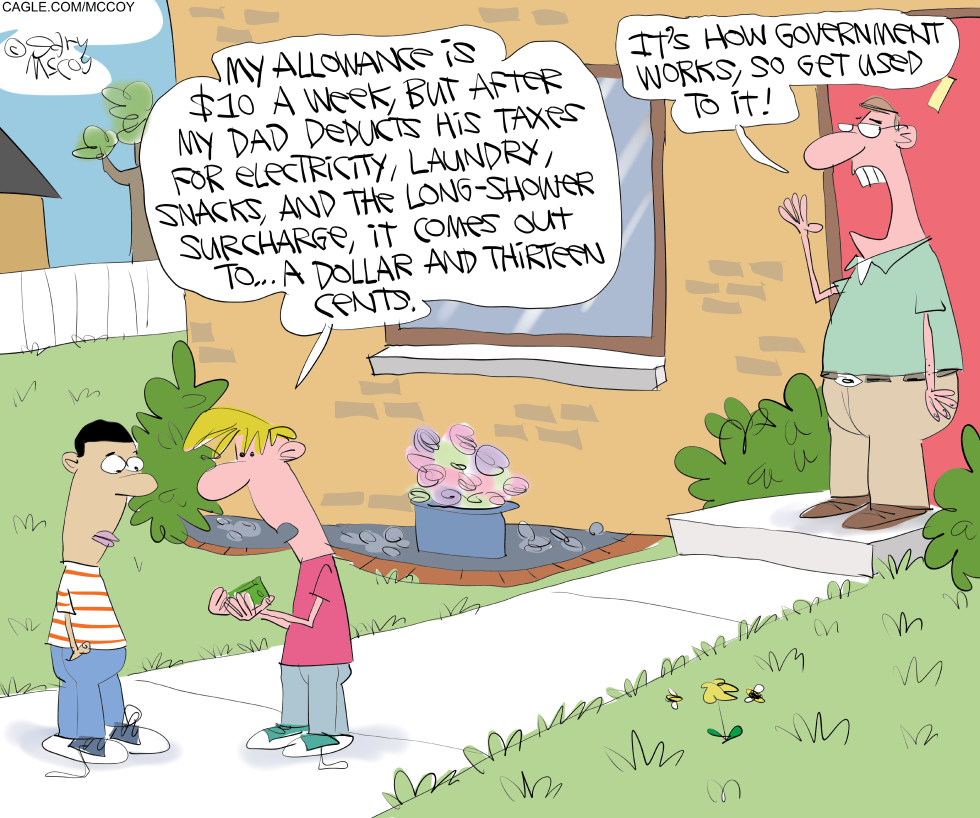 Father teaches son about taxes using allowance, electricity and snacks.