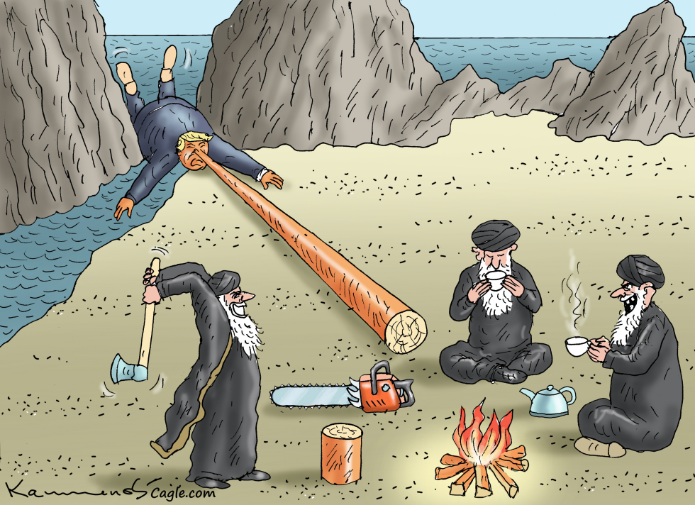 Cartoon shows figure extended by log near men with tea and axe