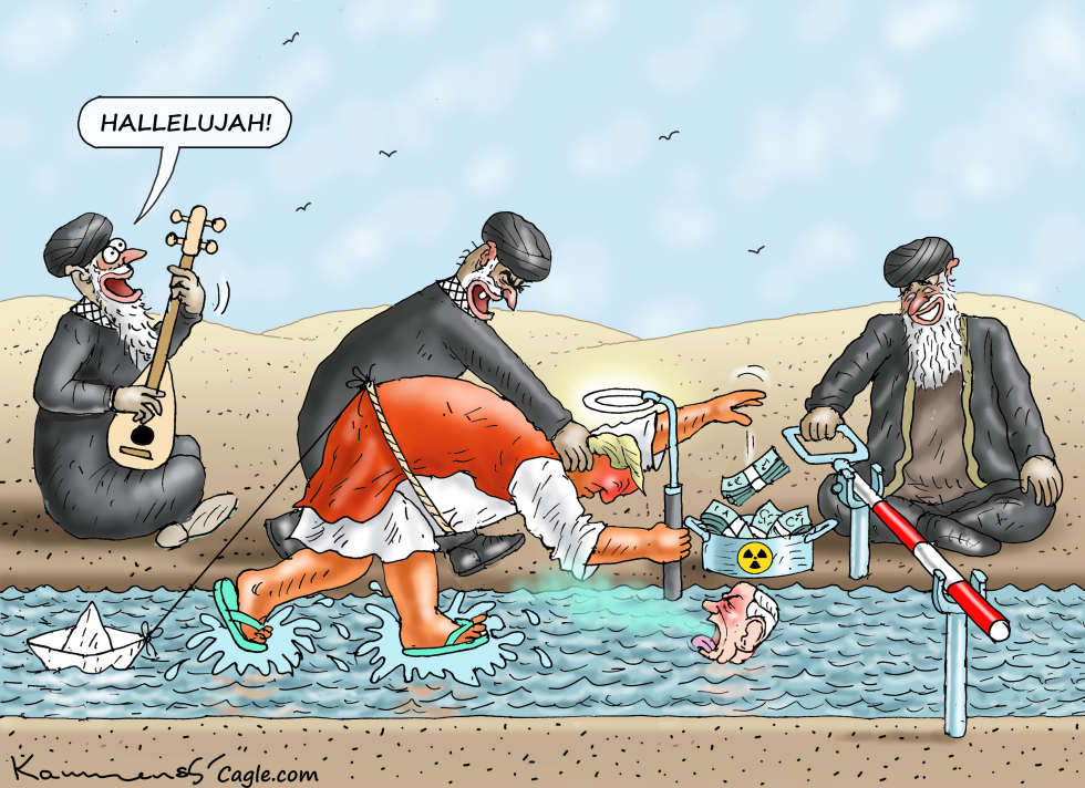 Cartoon depicts robed figures around water with money and halo