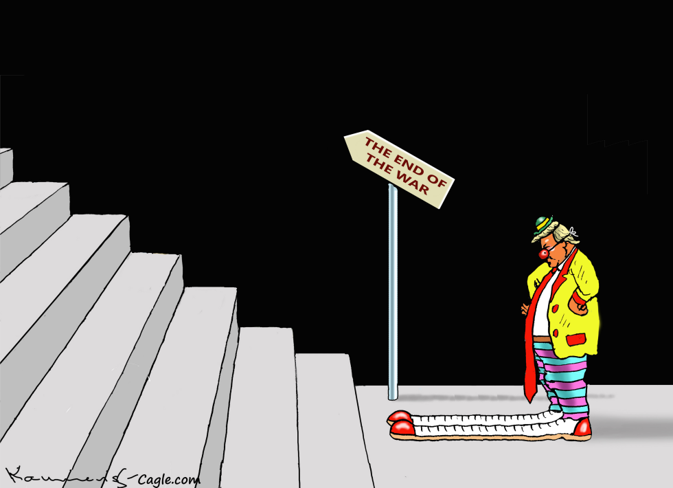 Clown Figure Stands Beside The End of the War Sign