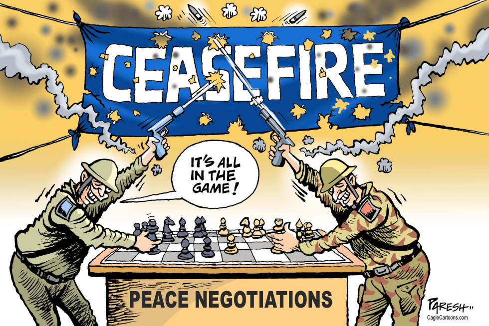 Soldiers Aim Guns Over Chessboard During Ceasefire Talks
