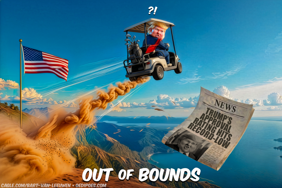 Golf cart riding Trump driving off cliff