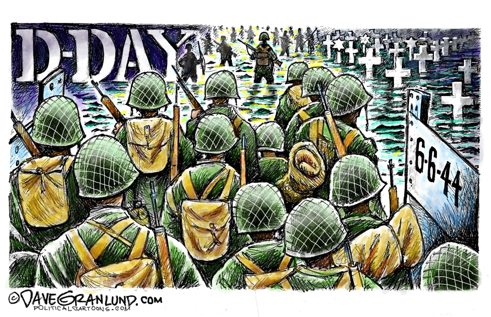 D-Day troops advance past rows of crosses on Normandy shore