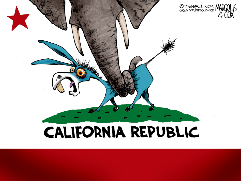 Elephant grips donkey on California Republic patch during election season.