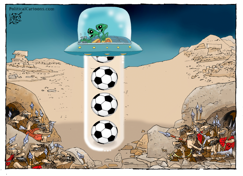 Aliens in UFO Drop Soccer Balls to Cavemen Amid Desert Ruins