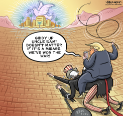 TRUMP RIDES UNCLE SAM TOWARDS PEACE MIRAGE by Graeme MacKay