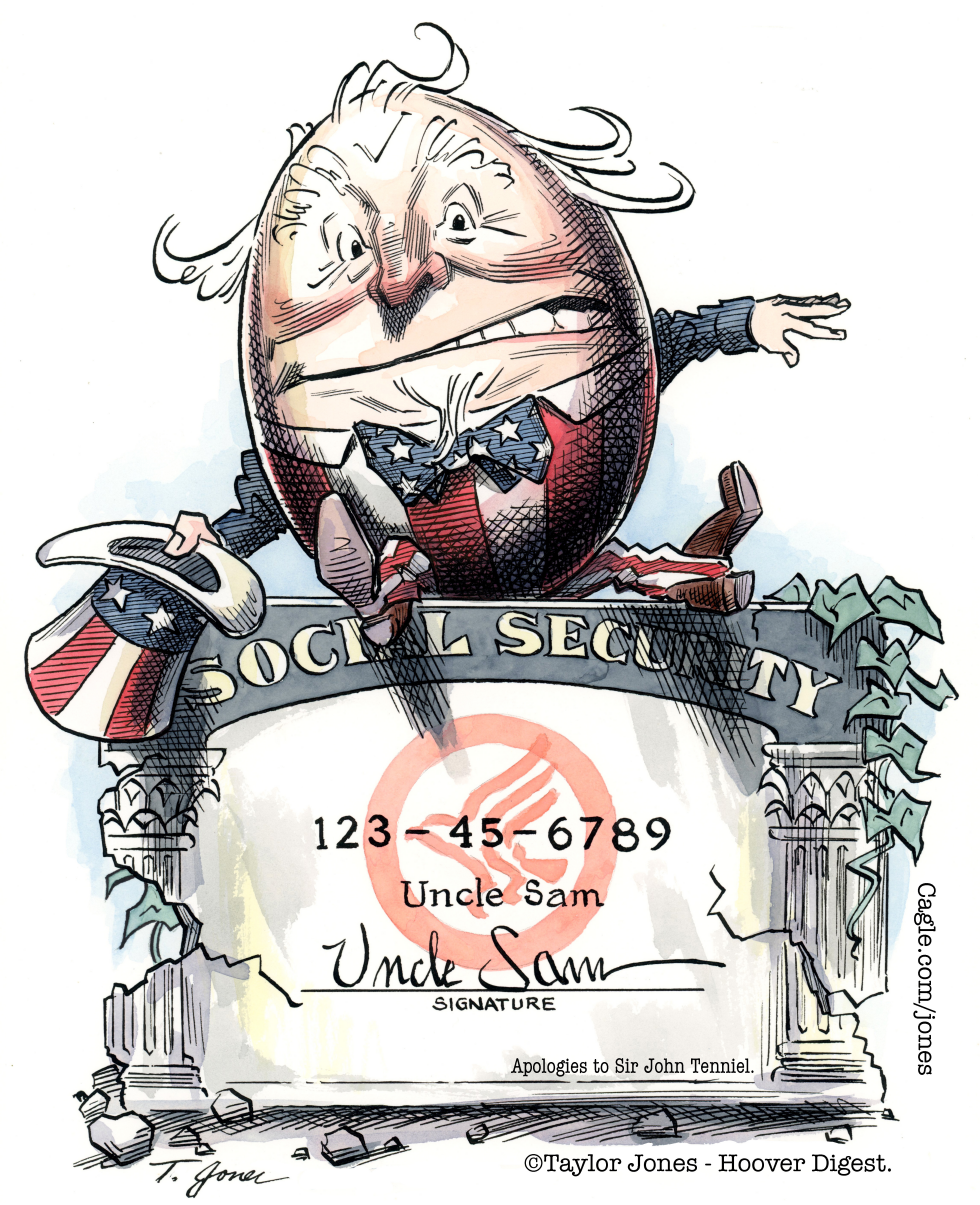 Uncle Sam as Humpty Dumpty Warns of Social Security Shortfall