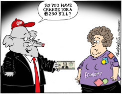 TRUMP'S FACE ON A $250 BILL by Bob Englehart
