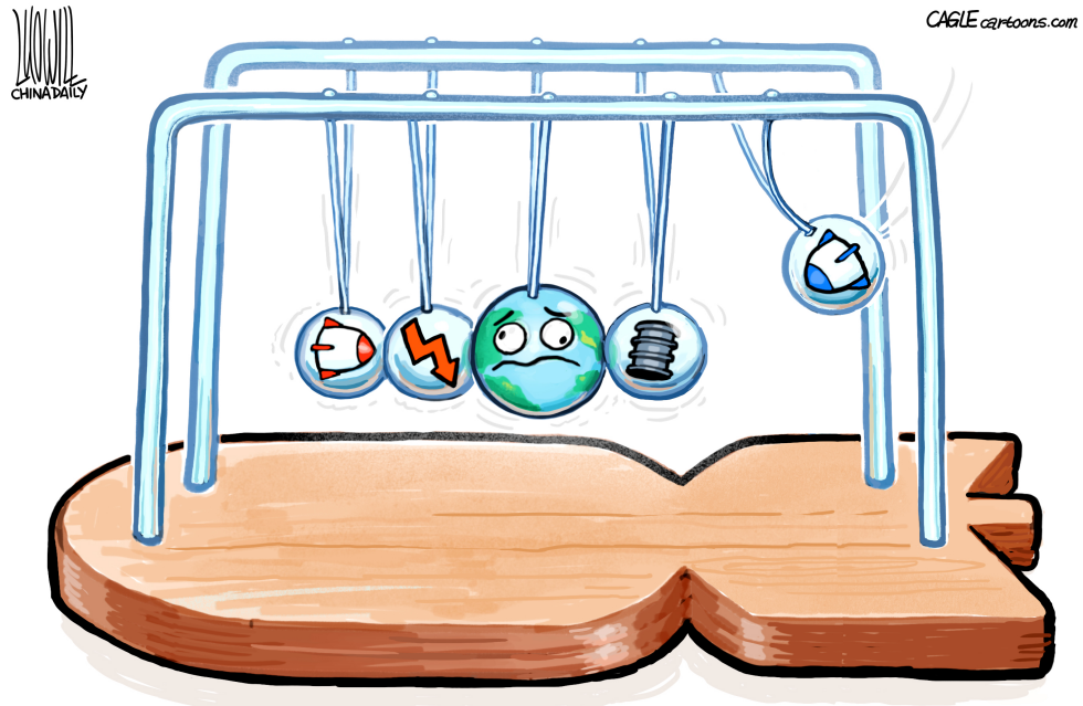 Newton's Cradle Shows Swinging Symbols of War and Energy