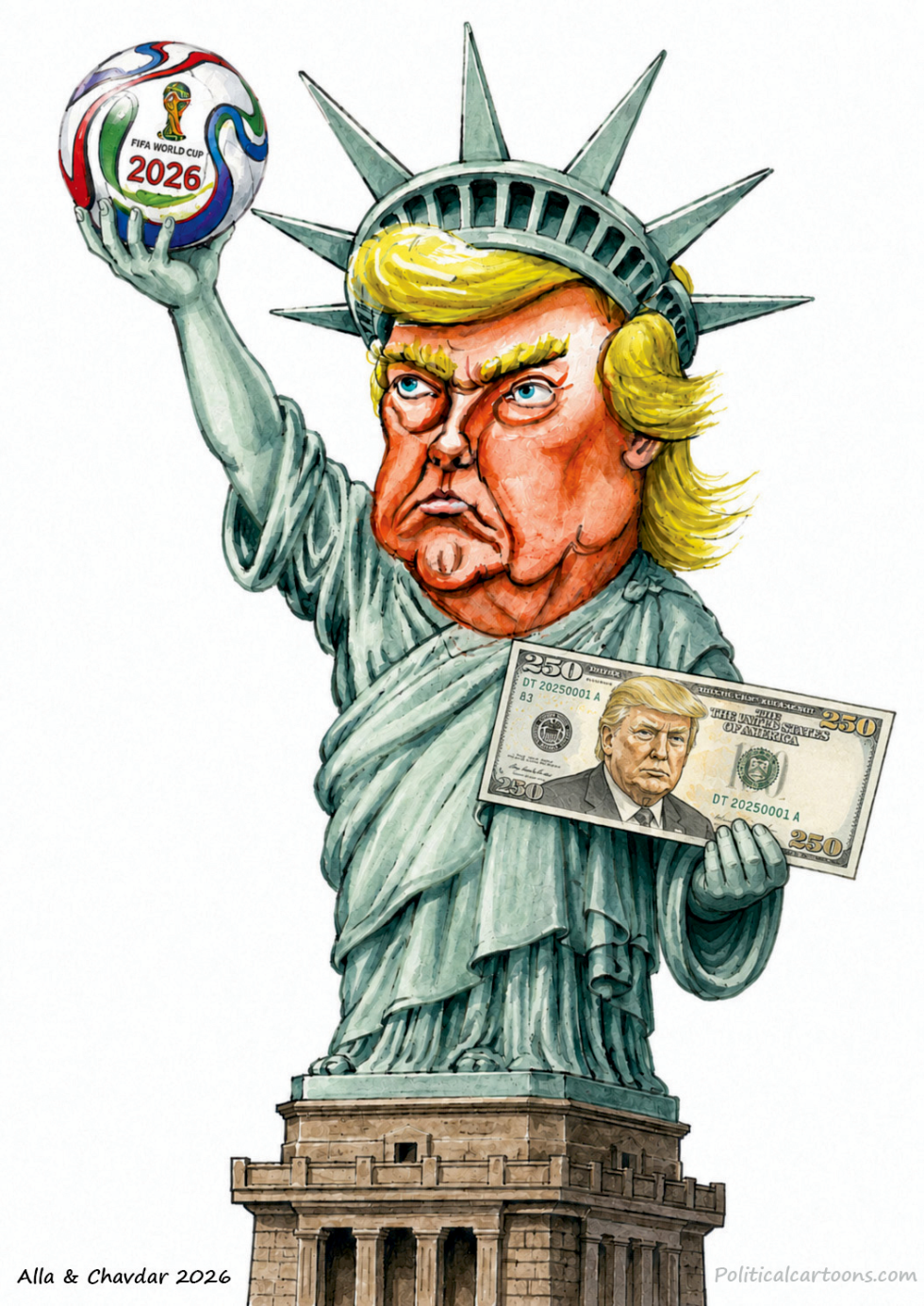 Trump as Statue of Liberty Holds 2026 World Cup Ball and Custom Bill