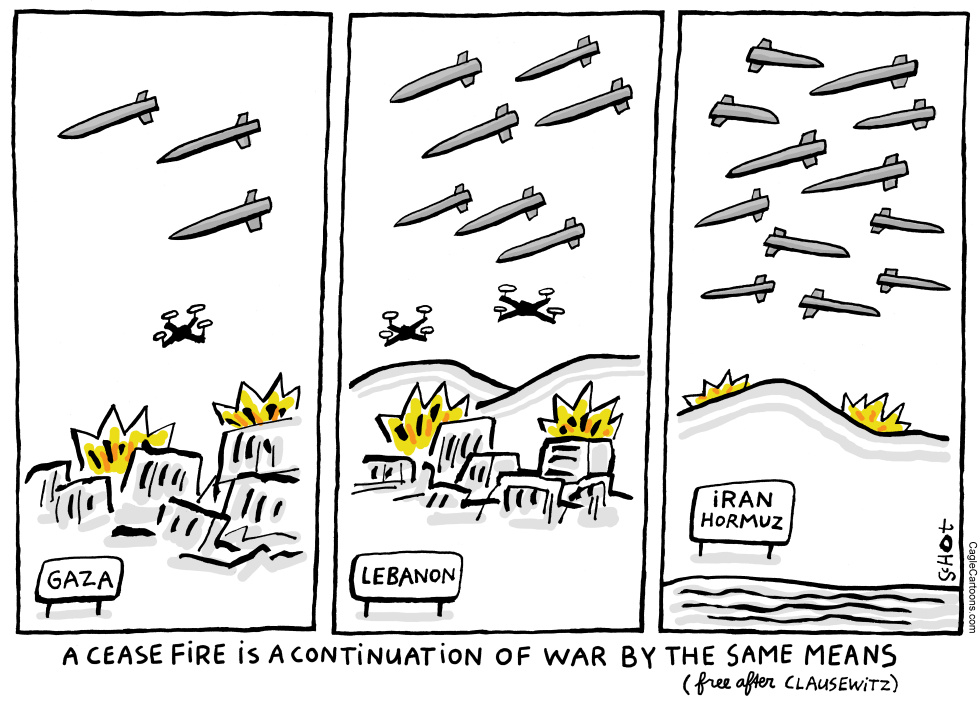 Three-panel cartoon shows missiles and drones over Gaza, Lebanon and Iran amid ceasefire caption
