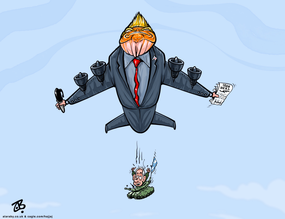 Trump jet figure releases Iran Deal paper above Netanyahu tank