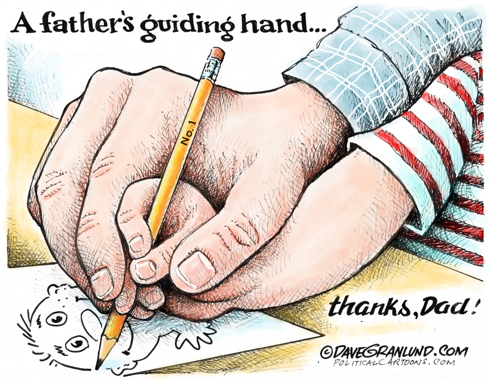 Father guides child's pencil in a drawing of a simple face while expressing thanks on Father's Day.