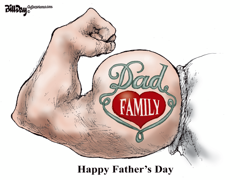 Flexed arm displays Dad tattoo above family heart for Father's Day.