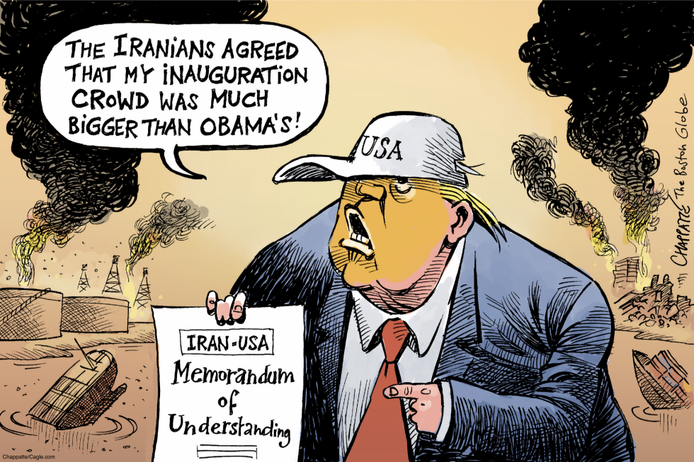 Trump touts crowd size in Iran deal amid burning oil fields