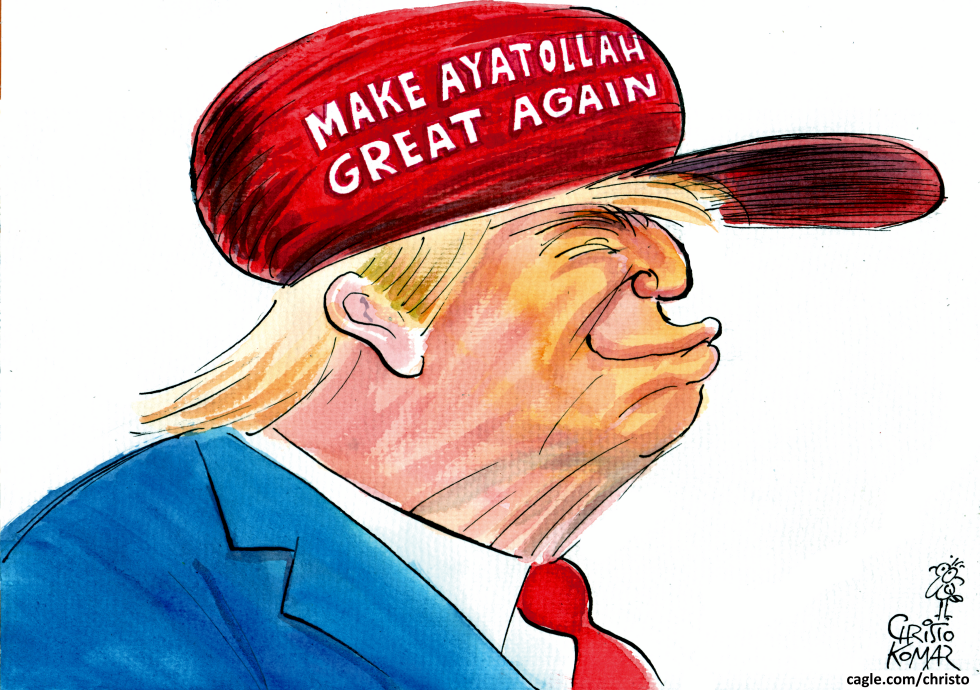 Trump wears a red cap reading Make Ayatollah Great Again