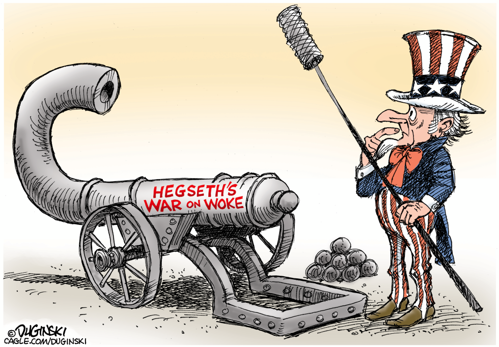 Duginski depicts Hegseth firing military officers while the Pentagon structure crumbles around him.