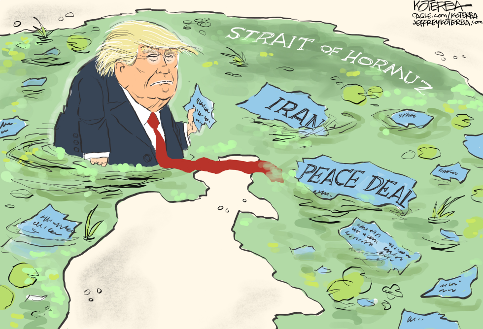 Donald Trump stands in algae-covered Strait of Hormuz waters holding Iran peace deal fragments