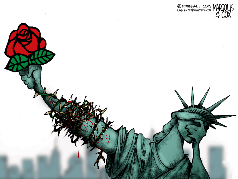 Statue of Liberty Holds Socialist Rose Amid Barbed Wire and Blood