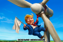 TRUMP CLINGS TO WIND TURBINE by Bart van Leeuwen