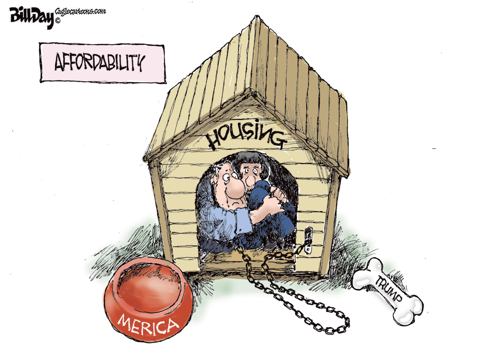 Couple chained inside housing affordability doghouse near Trump bone