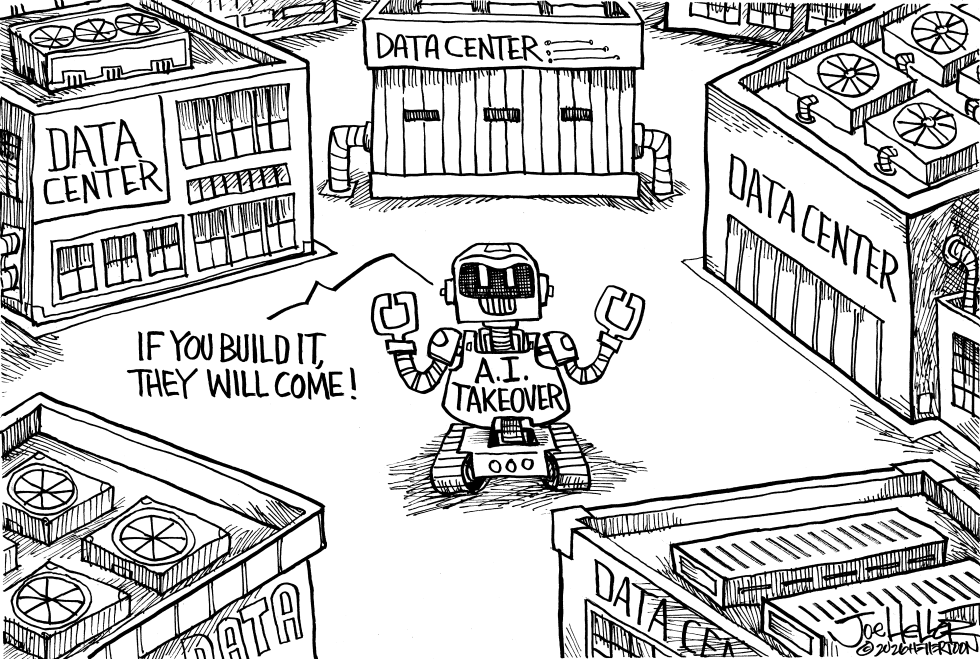 AI Robot Stands Among Proliferating Data Centers