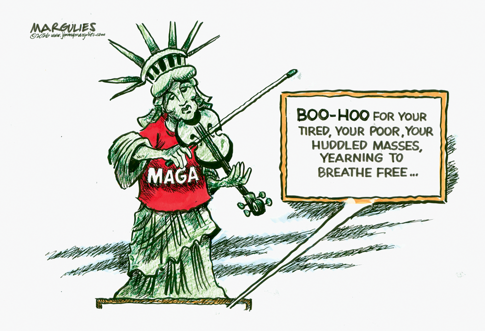 Statue of Liberty in MAGA shirt plays violin while holding mocking immigration sign