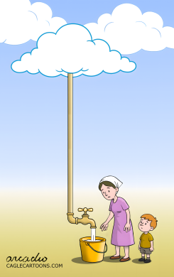 WOMAN AND CHILD FILL BUCKET FROM CLOUD PIPE by Arcadio Esquivel