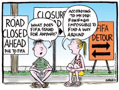 CHILDREN READ FIFA ROAD CLOSURE SIGNS by Ingrid Rice
