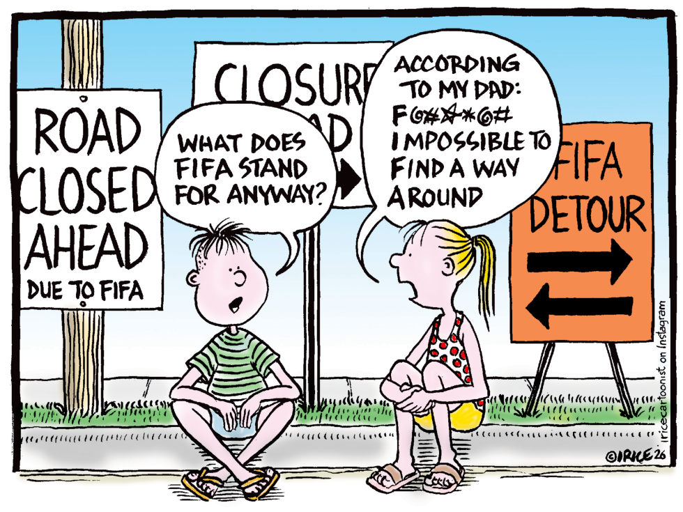 Kids puzzle over FIFA road signs and detour chaos