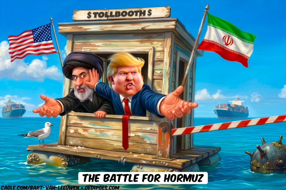 Trump and Iran Leader Share Hormuz Tollbooth in New Cartoon