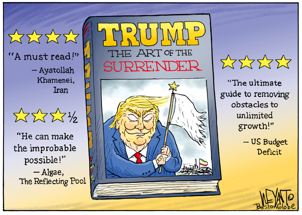 Trump depicted waving white flag on parody book cover amid Iran and budget references