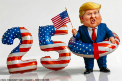 TRUMP HOLDS FLAG BESIDE 25 BALLOONS by Bart van Leeuwen