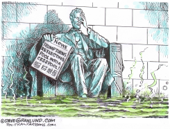 LINCOLN STATUE IN POLLUTED WATER HOLDING NEWSPAPER by Dave Granlund