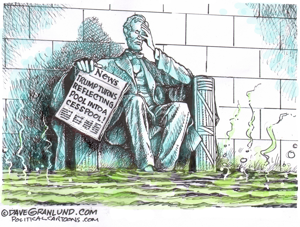Lincoln Statue in Polluted Water Holding Newspaper