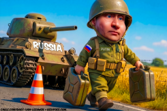 PUTIN CARRYING FUEL CANS BY RUSSIAN TANK by Bart van Leeuwen