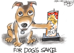 DOG REACHING FOR EXPLOSIVE DRINK CUP by Pat Bagley