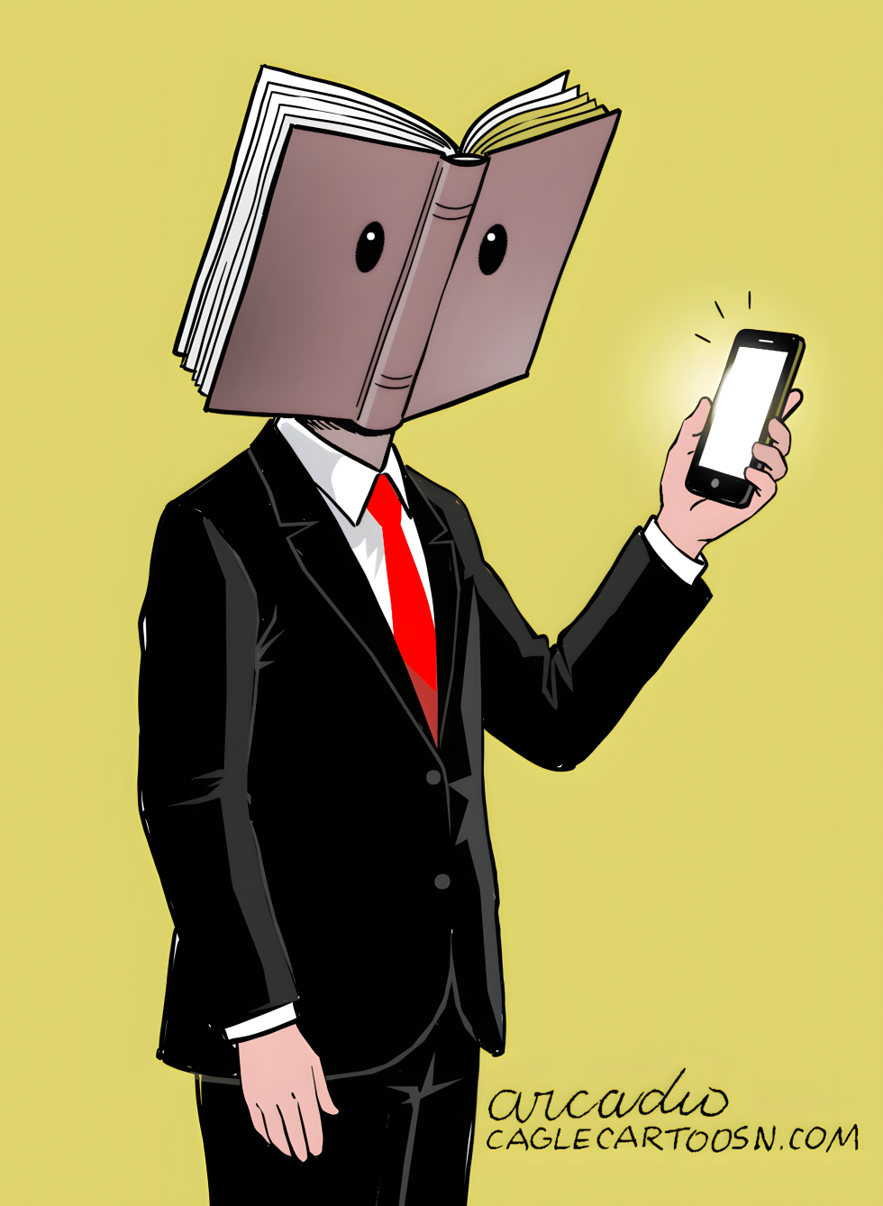 Book-Headed Executive Drawn to Smartphone Glow