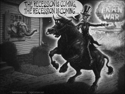 RIDER ON BULL WARNS OF RECESSION AND IRAN WAR by Sean Delonas