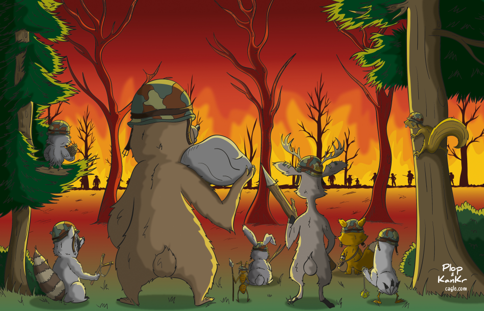 Anthropomorphic animals in military gear stand in a burning forest amid climate change concerns.