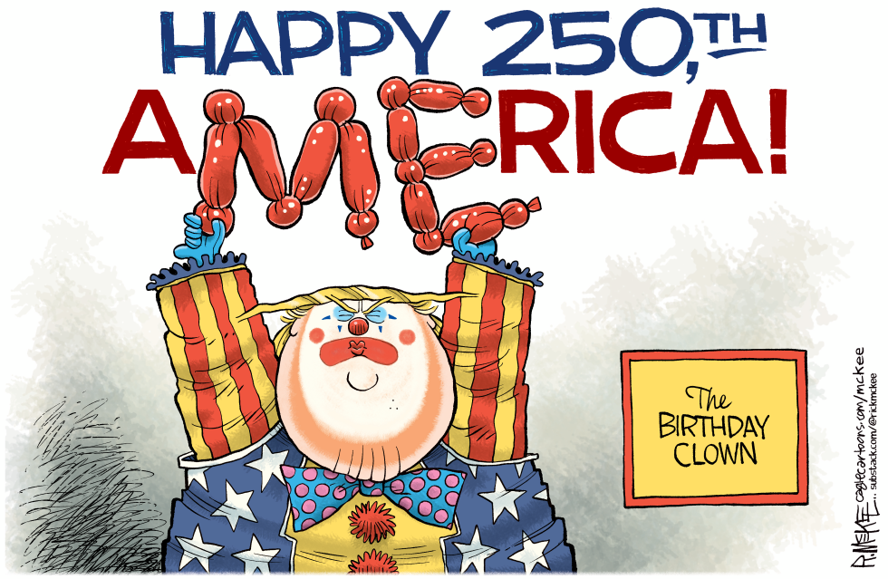 Trump Depicted as Clown Raising Balloon 'America' for 250th